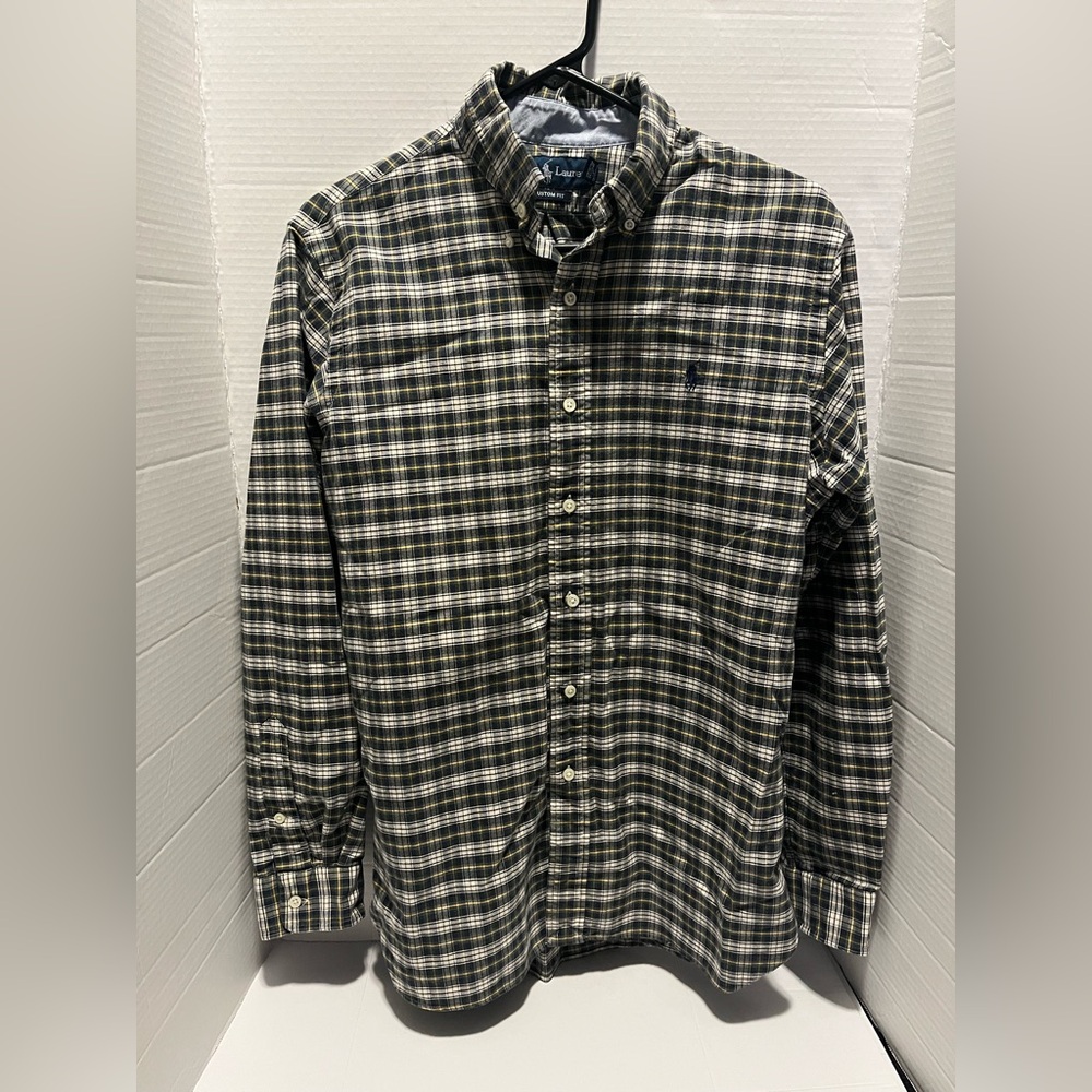 Polo Ralph Lauren Mens custom fit green/white plaid long-sleeve button-up shirt